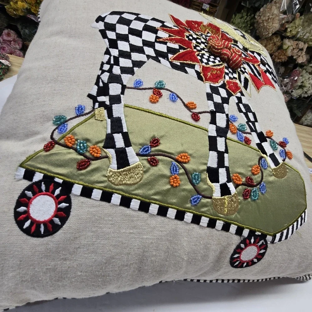 Mackenzie-Childs Moose on Parade Beaded Embroidery Pillow Christmas Holiday Gift